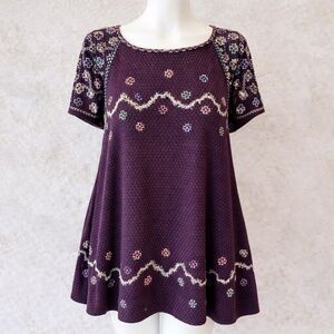 Free People Embroidered Boho Swing Dress Short Sleeve Textured Knit XS